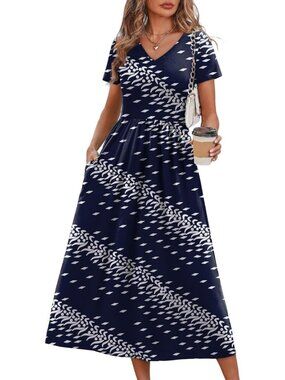 Women's Navy Blue Wave Flowy Casual A Line Midi Beach Sundresses With Pocket